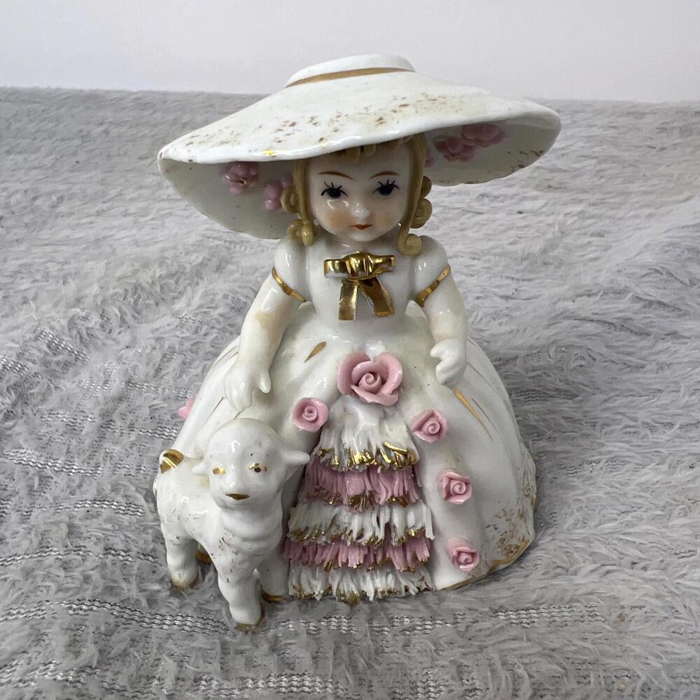 Vintage Lefton China Hand Painted Mary Had A Little Lamb - RARE